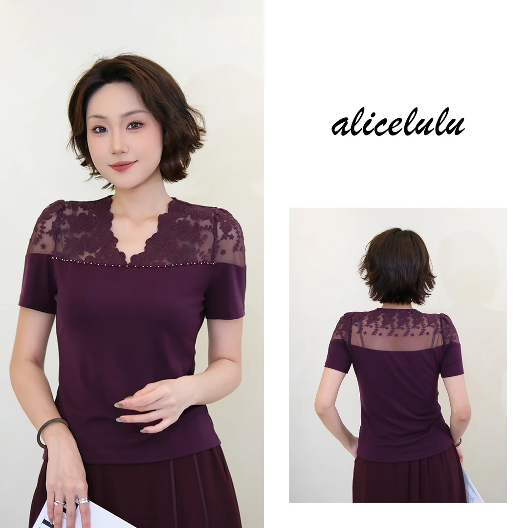 [alicelulu] 蕾丝拼接T恤洋气减龄温柔百搭舒适S2142803L