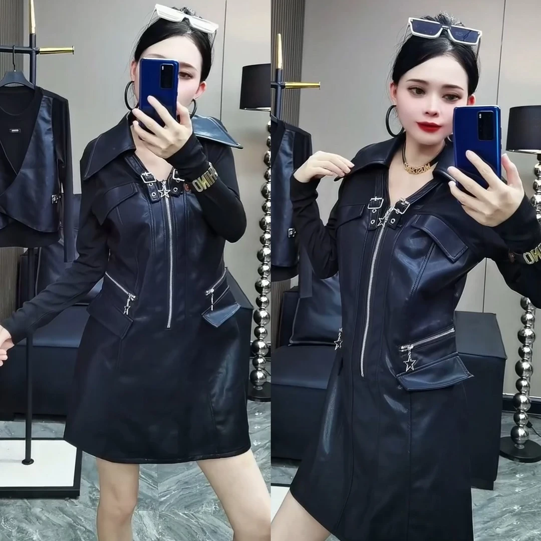 8908#Ya法式拉链系拼接连衣裙女秋时尚减龄修身显瘦假两件连衣裙