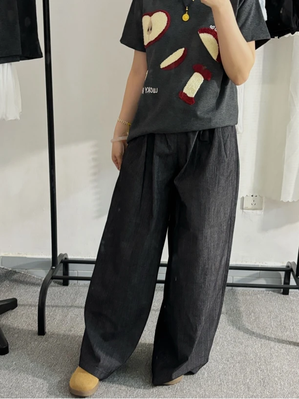 宽松韩版简约薄牛仔裤（后松紧腰）