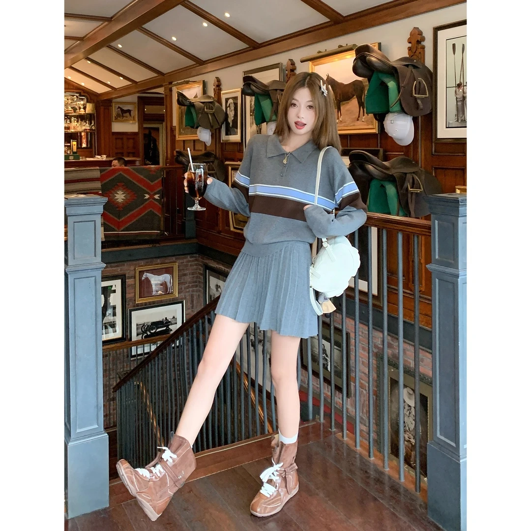 韩系学院风灰色polo领条纹针织衫女大码女装秋冬季长袖毛衣上衣女