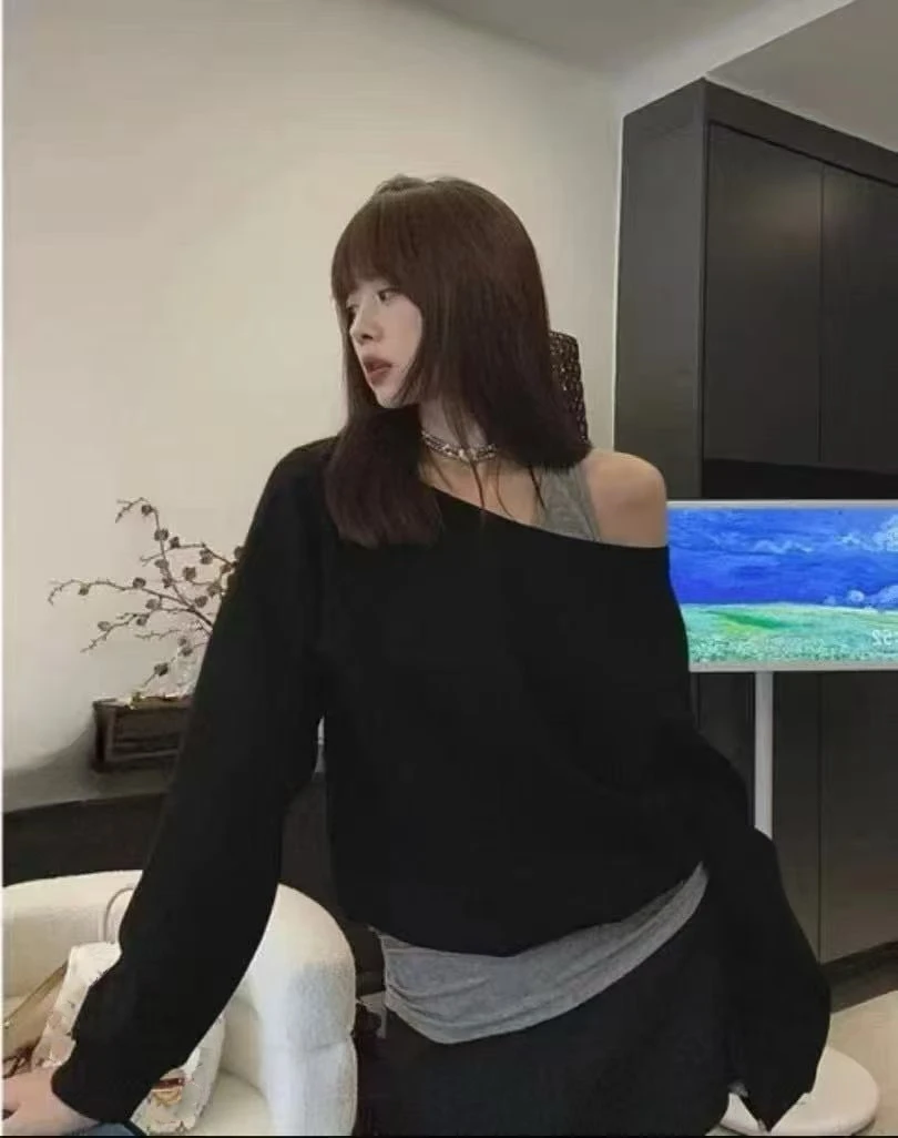 【18023】佰#假两件设计时尚露肩上衣