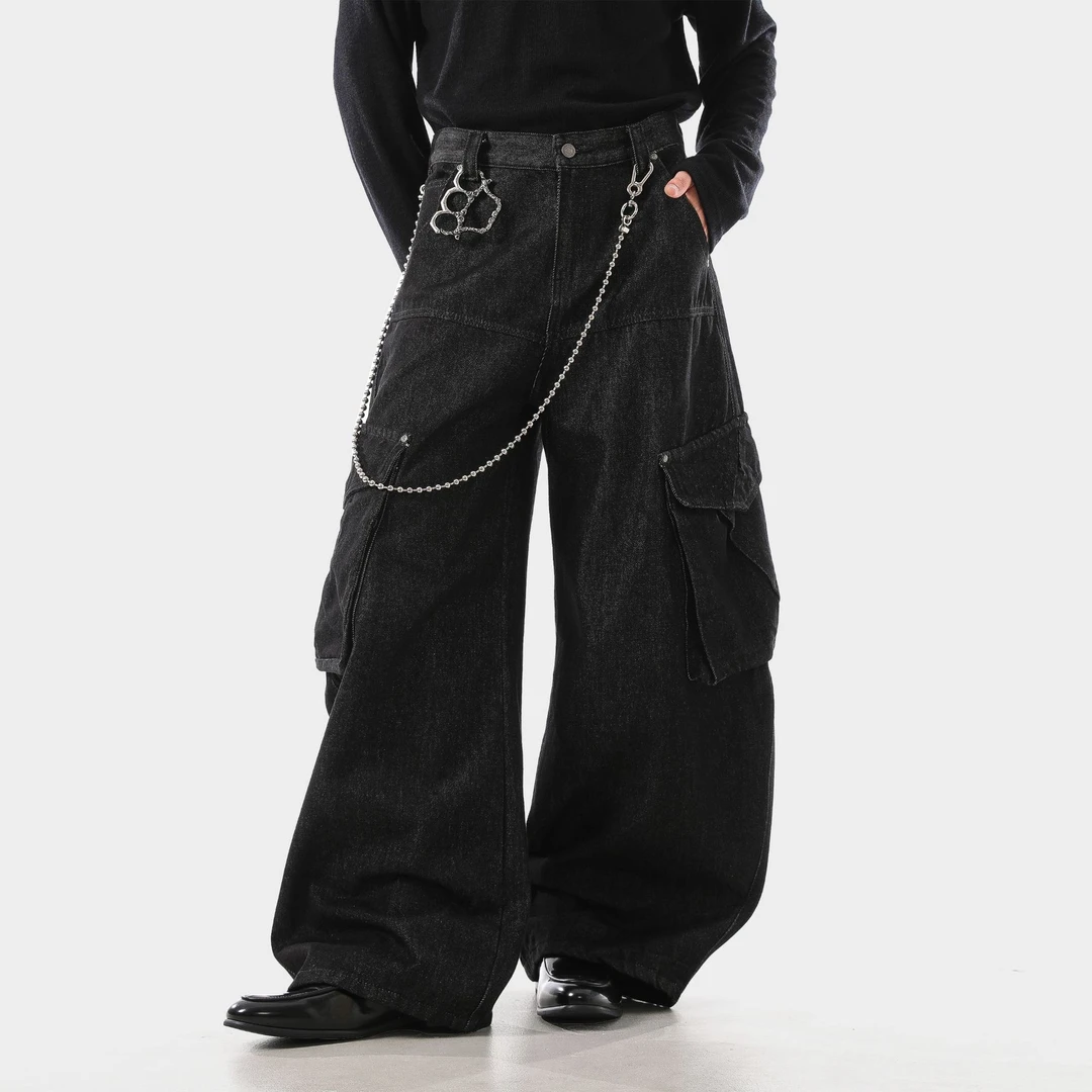2025秋冬10美式复古大口袋黑色工装裤潮牌宽松直筒牛仔工装裤子