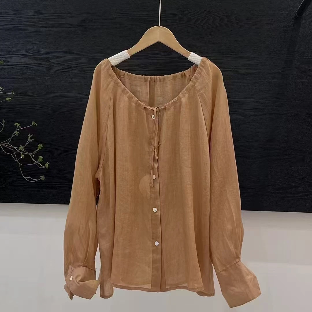 春夏文艺斜纹苎麻长袖衬衫系带V领百褶宽松纯色衬衣轻薄女
