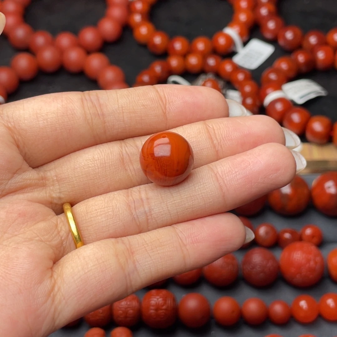 无***狗南红玛瑙未镶嵌手串Y14.3mm满肉牛血火焰单珠