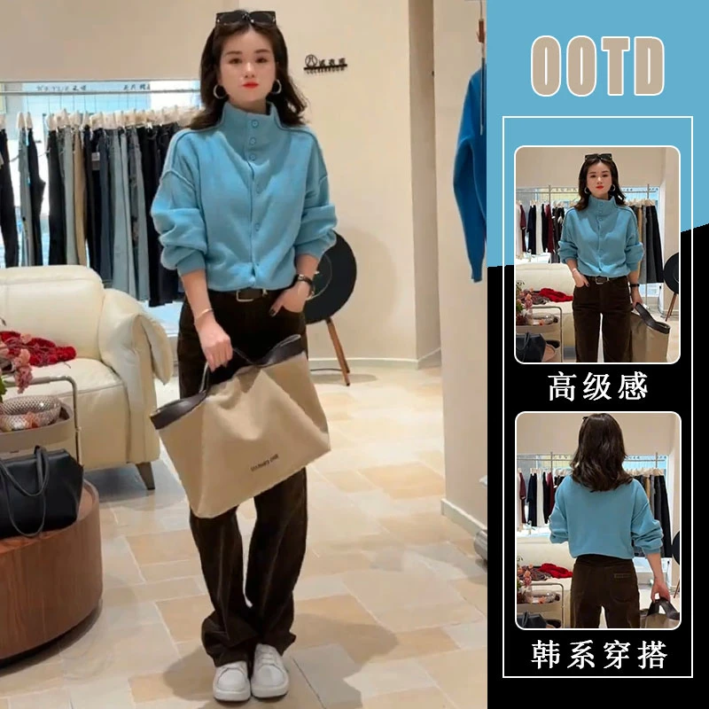 2025秋冬季新款胖mm慵懒风保暖高领开衫上衣女百搭休闲裤子两件套