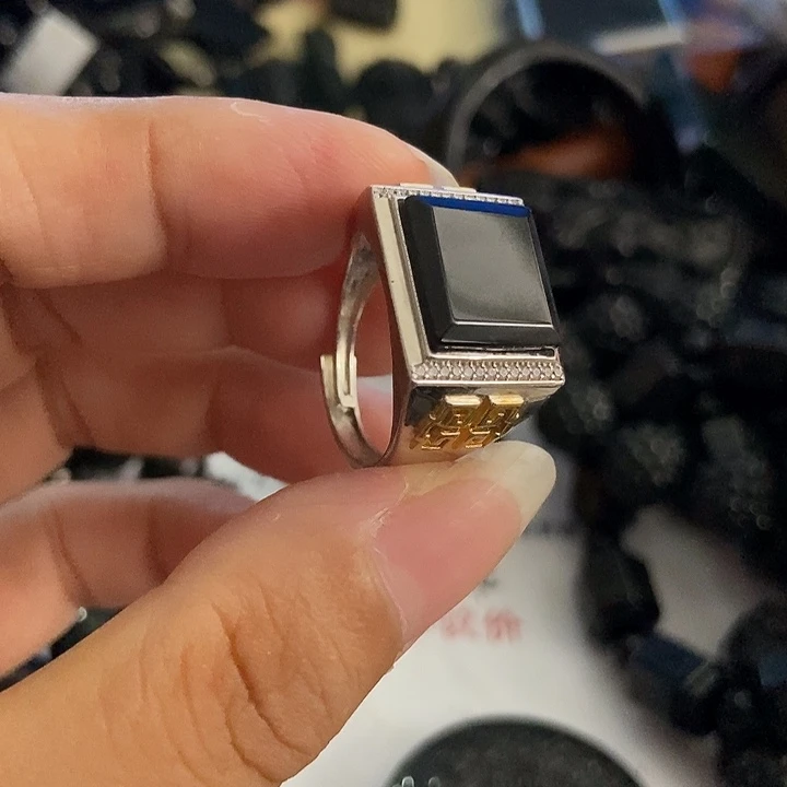 高***哥翡翠银S925镶嵌戒指墨翠