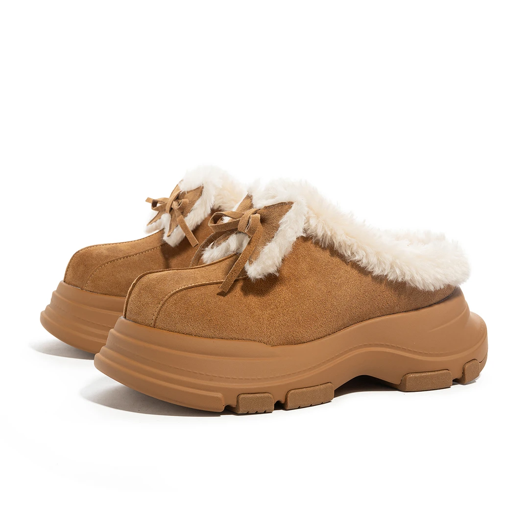 冬季新款时尚百搭加绒加厚勃肯半托雪地靴女厚底大头靴保暖毛毛鞋