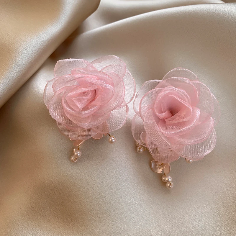 合金仿珍珠耳饰 耳环玫瑰花甜美粉色女耳饰品高级感时尚气质流苏