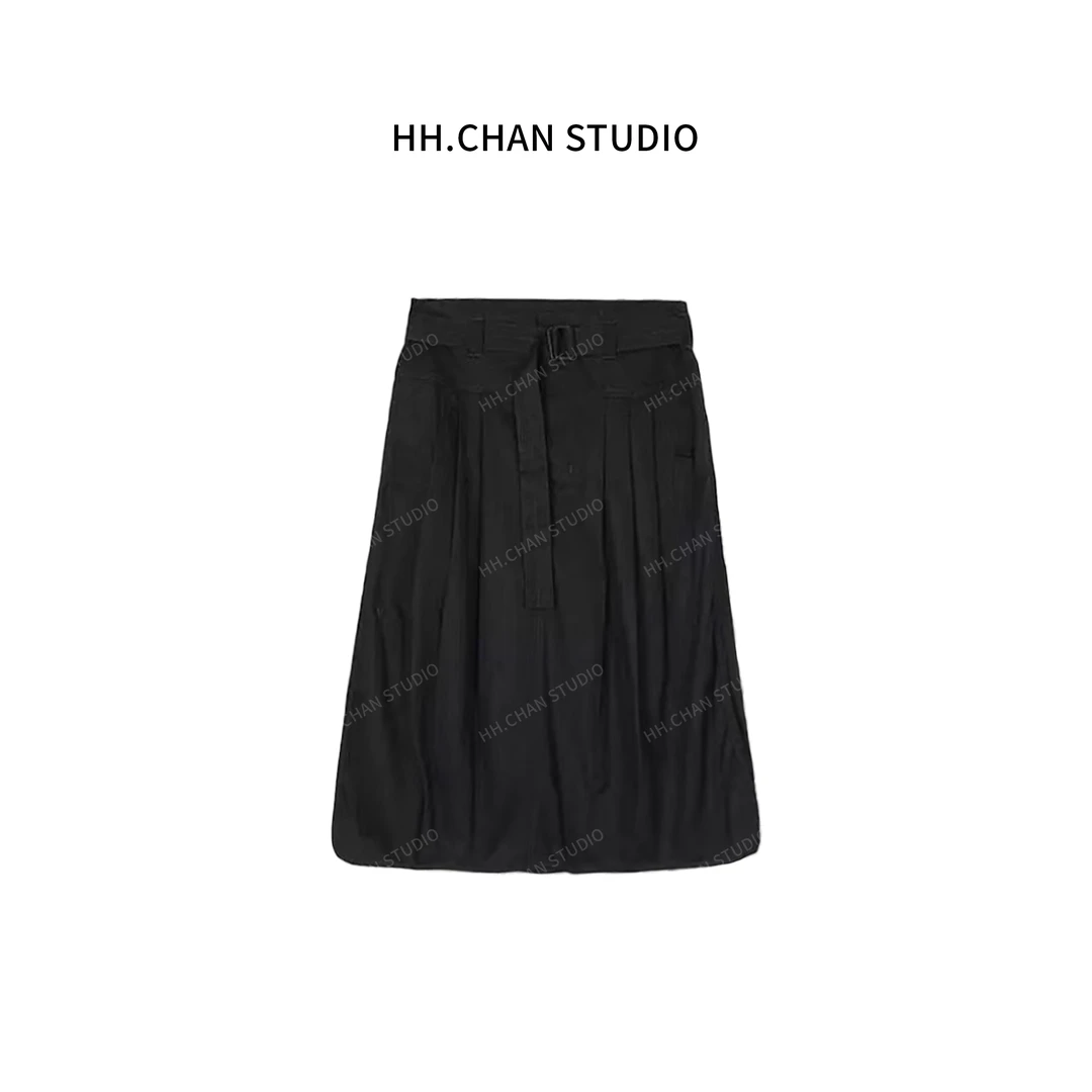 HH.CHAN“花苞气质”100%棉2025春夏花苞黑色百搭女百褶裙半身裙