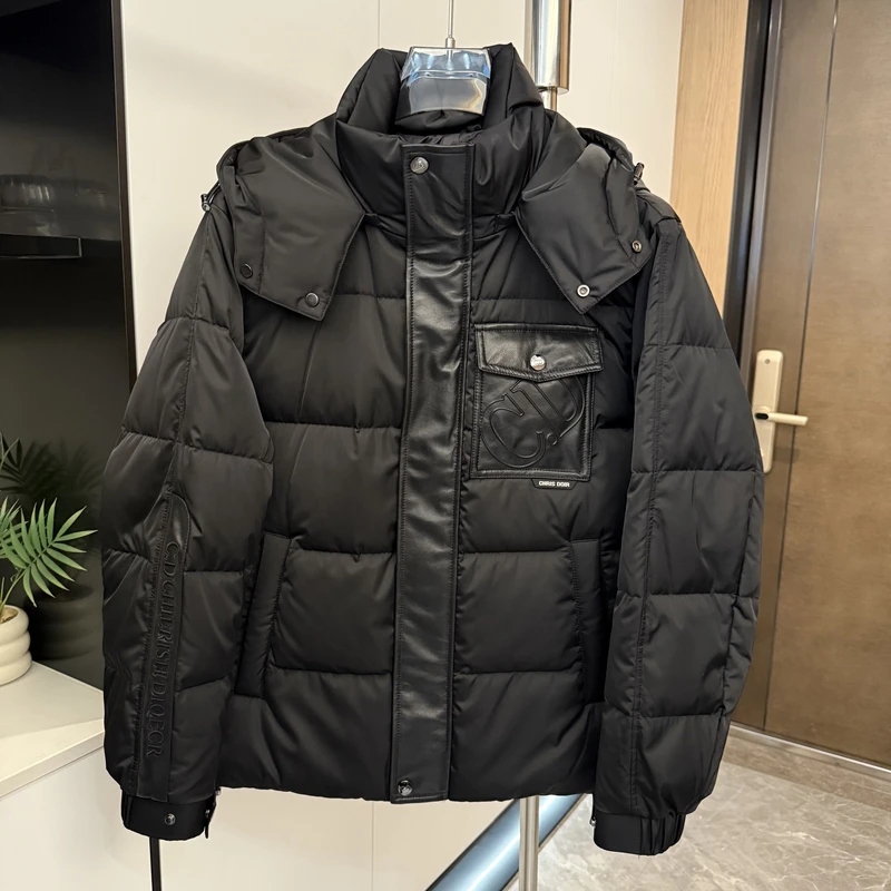 欧货2025冬季新款几何图案连帽羽绒服轻薄保暖潮流厚款男士外套