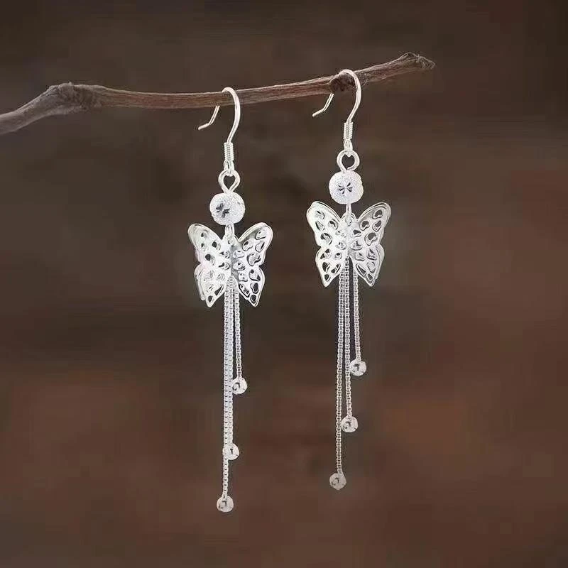 足银耳饰 纯银s999蝴蝶流苏银色耳钩时尚气质长款流苏个性耳饰