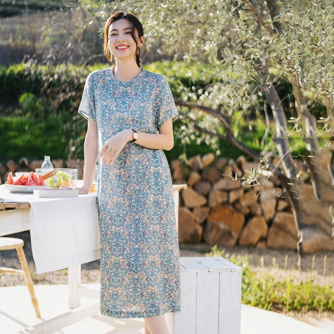 梭家｜念旧的人｜文艺复古纯亚麻印花圆领连衣裙显瘦短袖中长裙