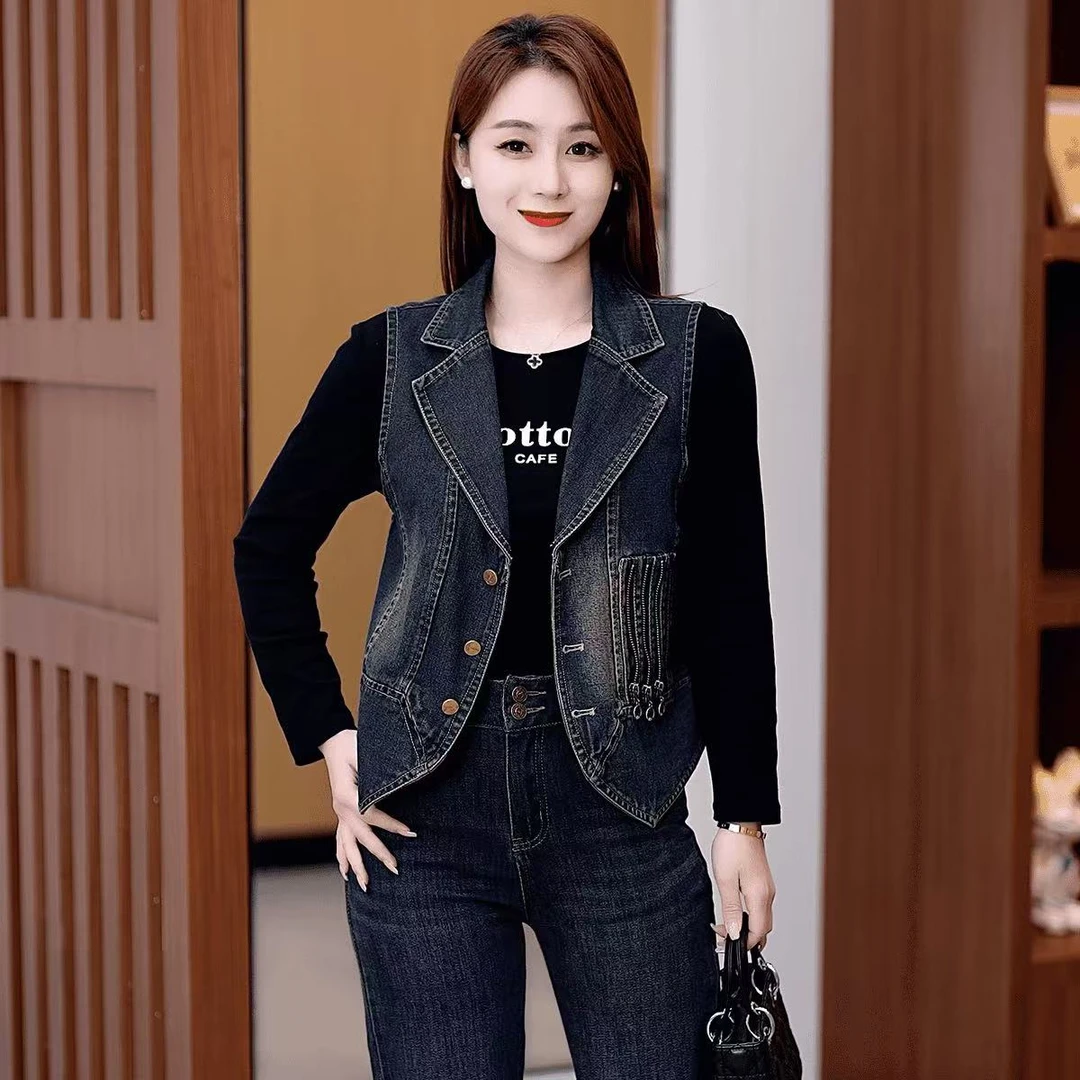 复古牛仔马甲女2025春季新款韩版时尚显瘦设计感无袖翻领牛仔马甲