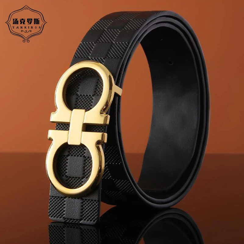 汤克罗斯高档轻奢男士牛皮皮带时尚商务不锈钢平滑扣裤腰带3.8