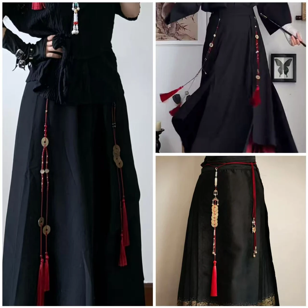 合金琉璃吊坠 中国风腰缠万贯铜钱腰链佩红色古风汉服马面裙配饰