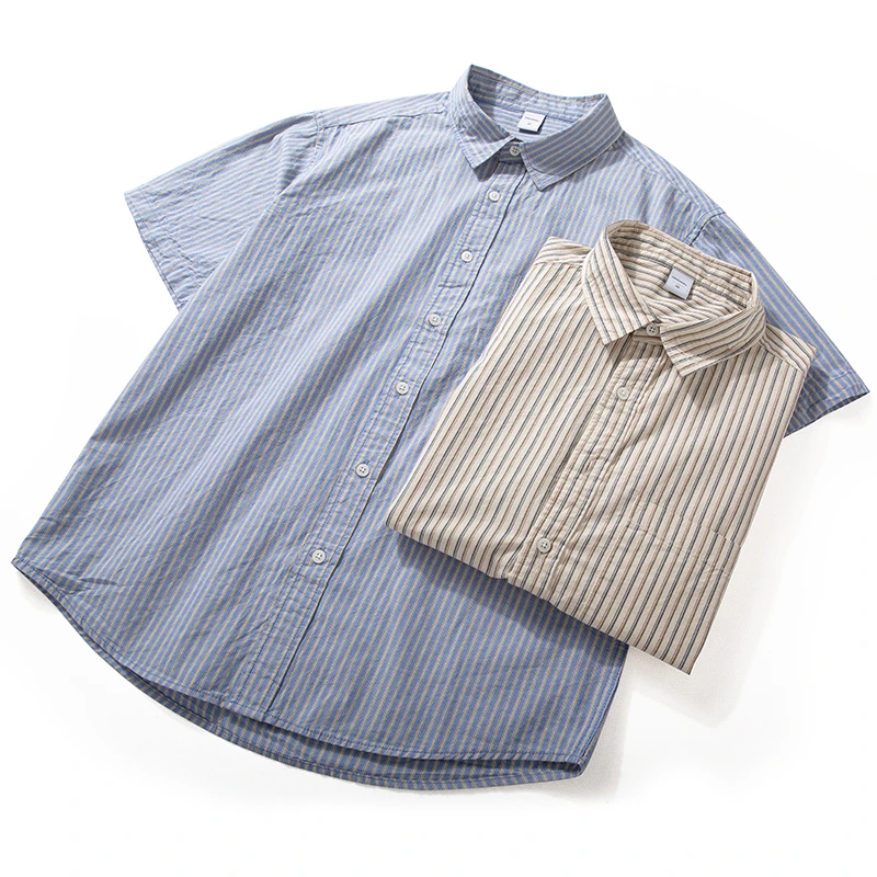 Enbi Simcotton男士夏短袖衬衫上衣文艺条纹宽松休闲潮流半袖衬衣