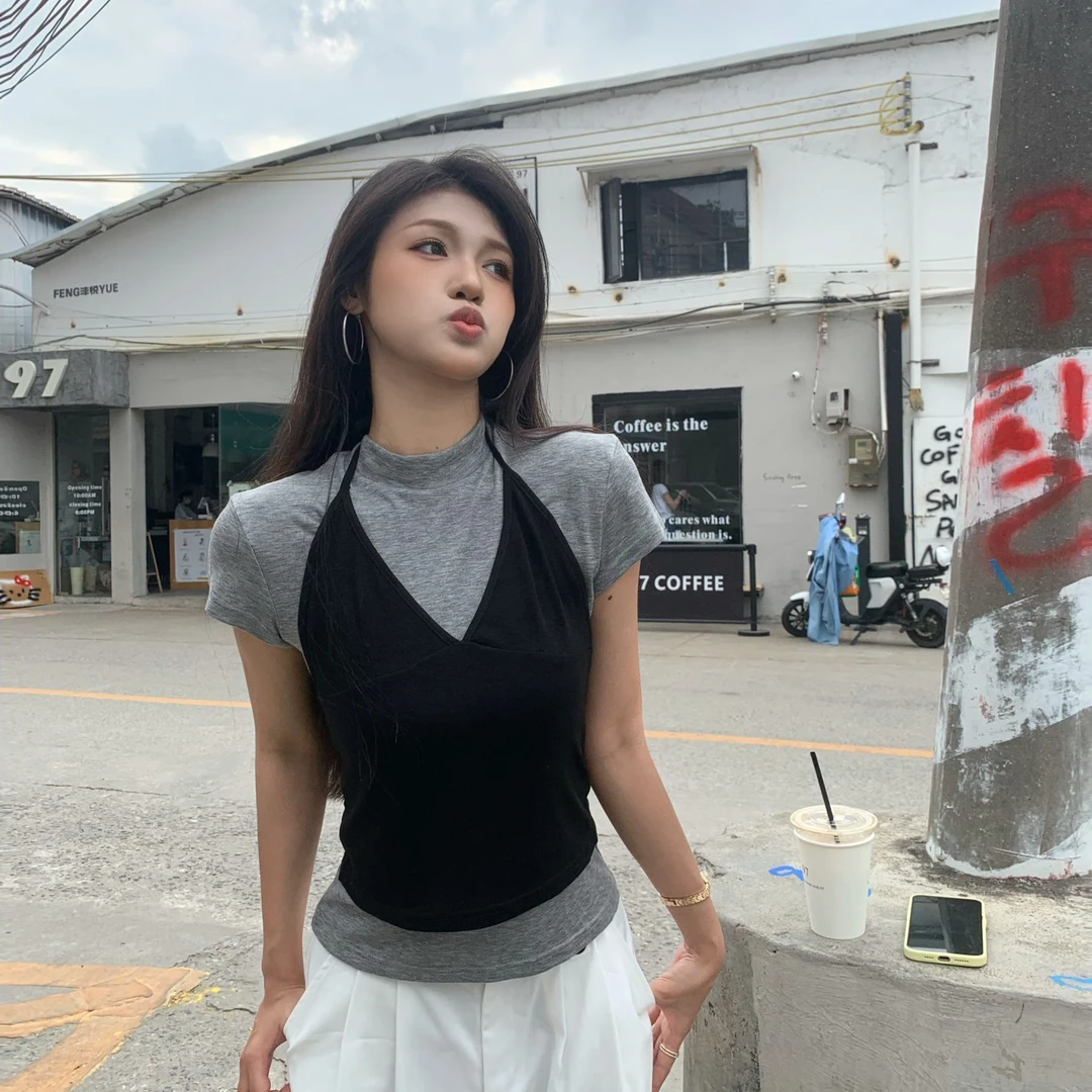 韩系正肩圆领短袖T恤夏季别致短款两件套小个子半袖上衣薄SY012