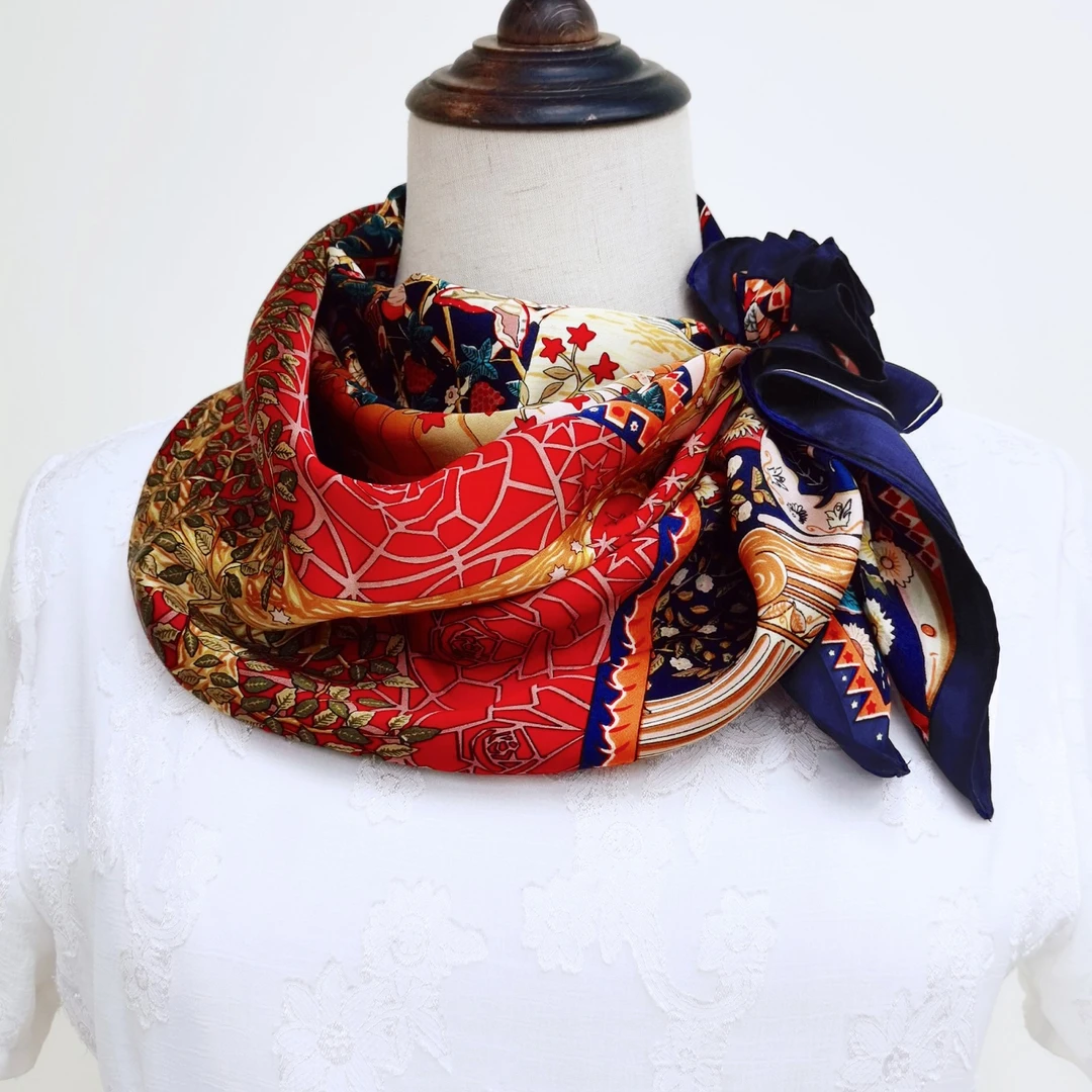 品牌100%桑蚕丝65cm风花树妈妈丝巾真丝春秋护颈围巾女士气质方巾