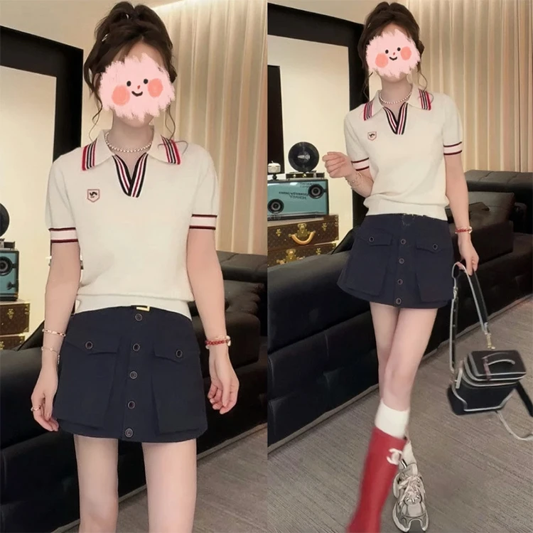 夏季时尚减龄撞色针织POLO领短袖上衣百搭半身裙套装女洋气衣服女