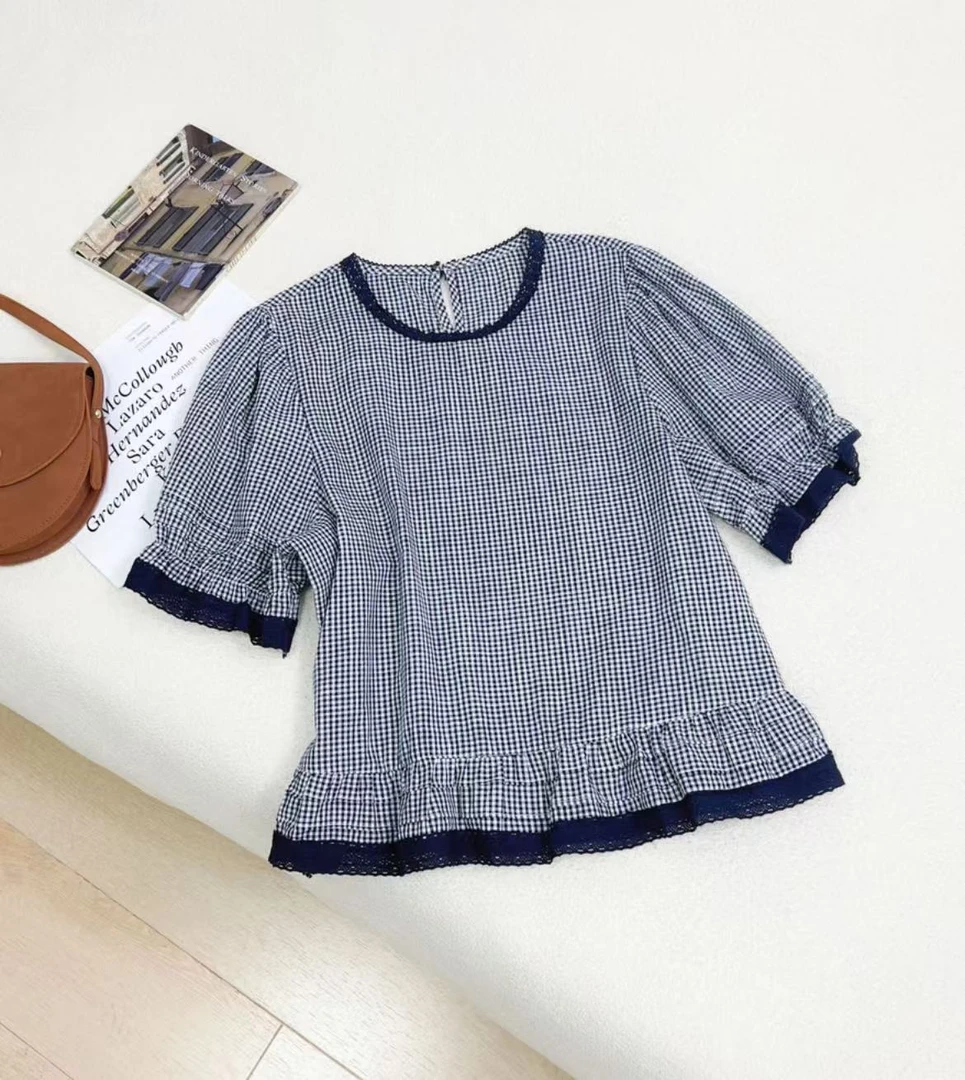 泡泡袖格子上衣女装设计感小众夏季韩版宽松十三行大码短袖衬衫