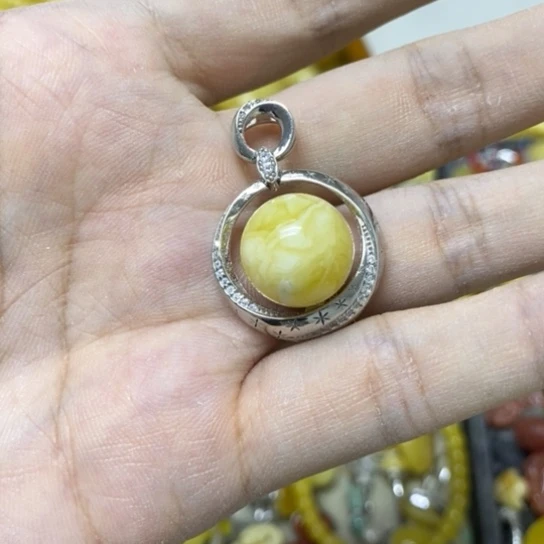 裸石蜜蜡银S925镶嵌吊坠