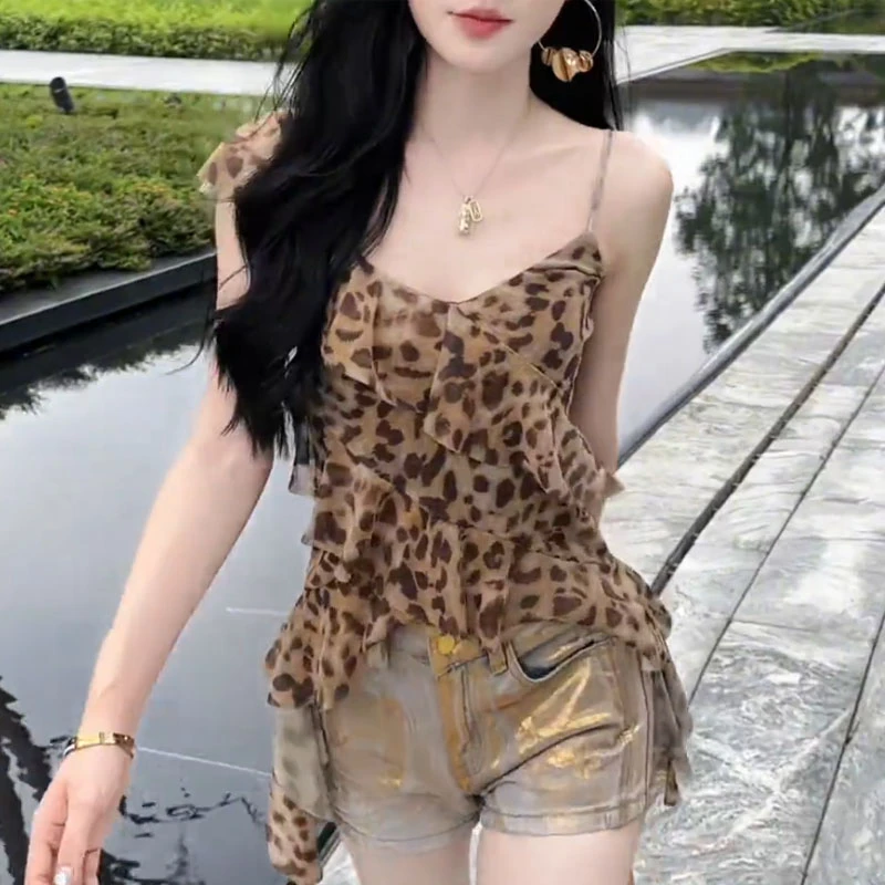 【千禧野豹】不规则领口豹纹背心无袖上衣女2025夏新度假风炸街吊带
