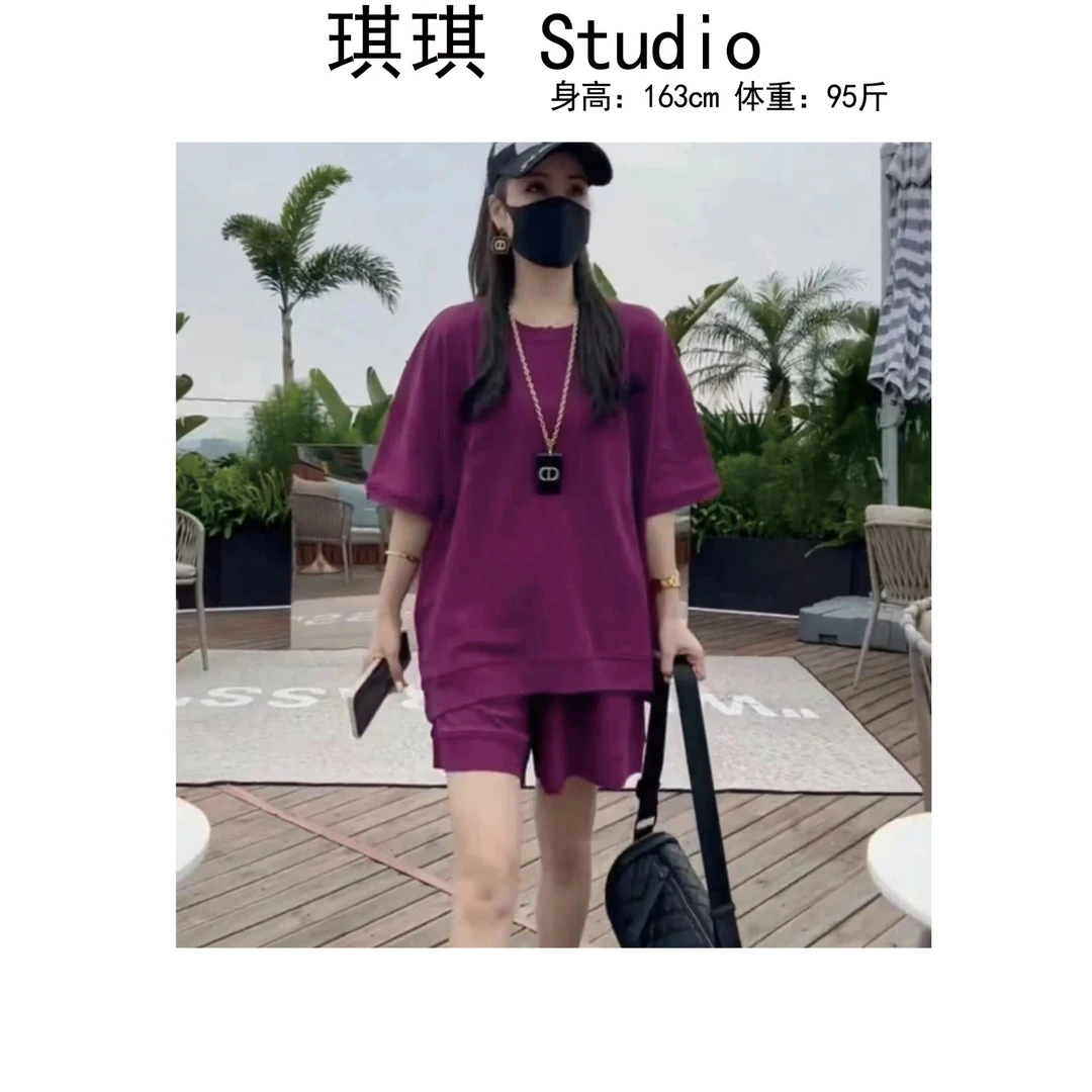 《琪琪家》夏季新款洋气休闲简约宽松运动时尚短袖短裤两件套763-CS