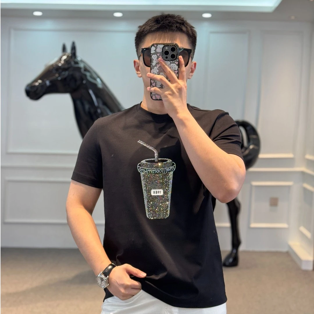 夏季新款水杯烫钻圆领短袖T恤潮流时尚美式休闲宽松简约半袖体恤