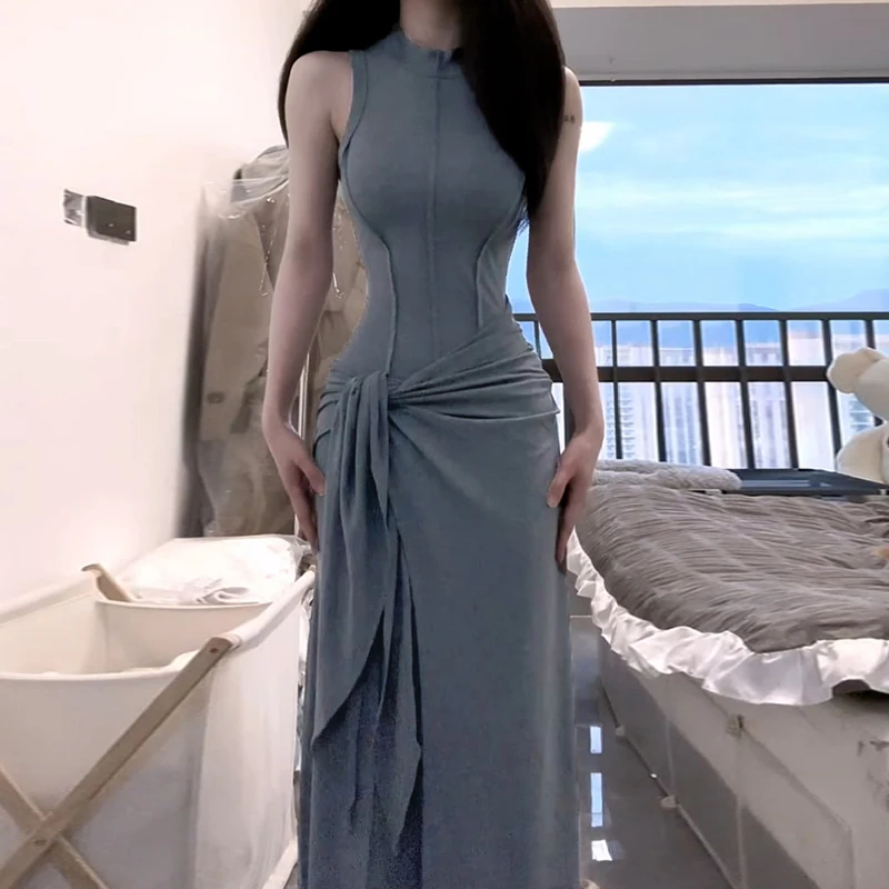 高级感灰色莫代尔背心连衣裙子女2025夏季修身气质假两件包臀长裙