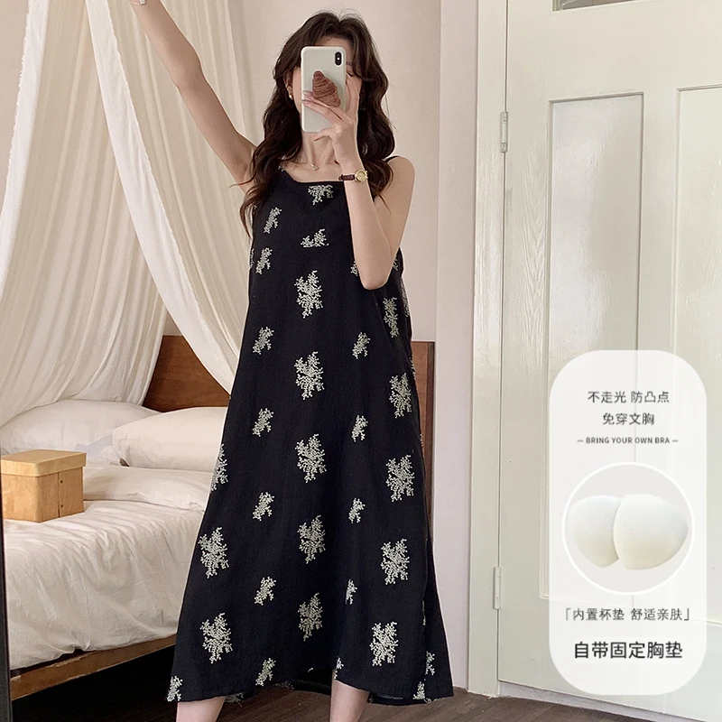 夏季薄款连衣裙云朵棉胸垫吊带睡裙女甜美性感中长款家居服女生