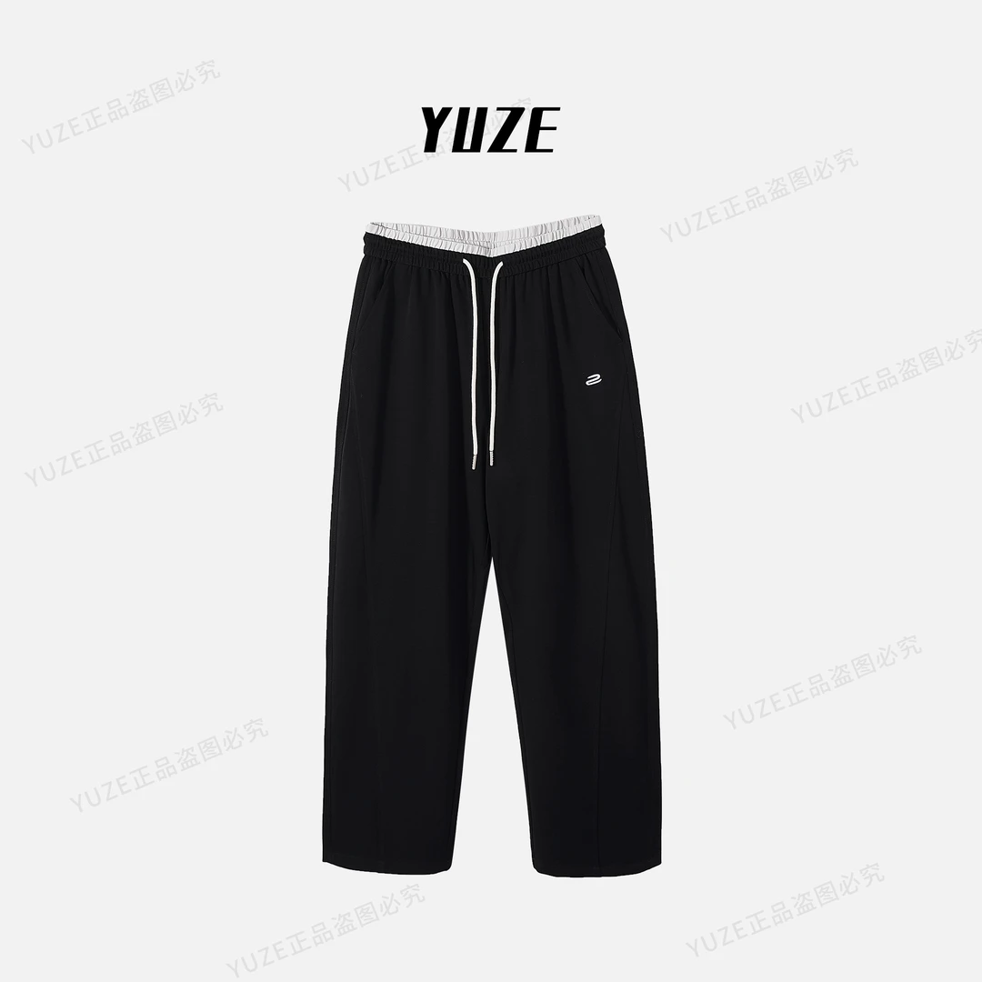 【YUZE】夏季薄款撞色拼接休闲裤舒适透气刺绣拼接设计款裤子68-565