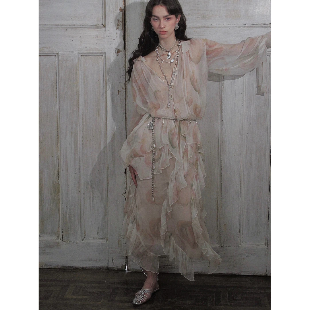 CARIEDO花间浮光 秋季新品印花桑蚕丝飘带不规则上衣灵动荷叶半裙