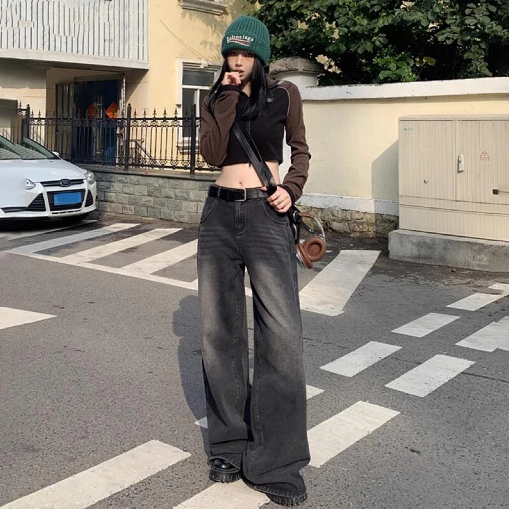 美式黑灰直筒牛仔裤女2023年新款秋季高腰显瘦宽松休闲阔腿拖地NZ