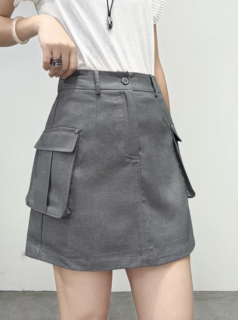 5299#韩系时尚工装风灰色裙子2025夏季新款高腰显瘦气质A字短裙