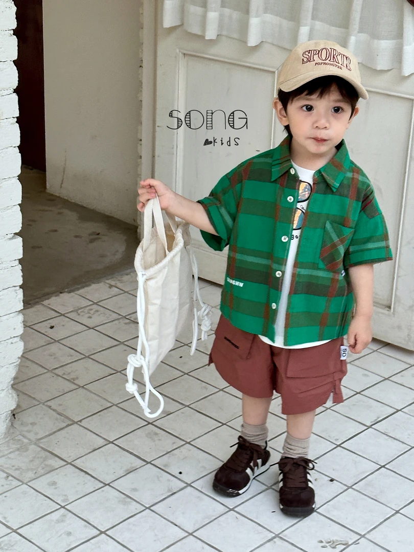 松韩屋2025新款夏装翻领经典韩系格子短袖色织百搭棉衬 S4CB2146