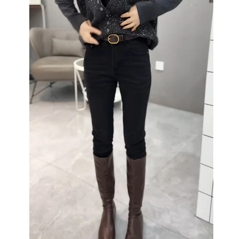黑色高腰小脚牛仔裤女春秋冬大码加绒弹力紧身显瘦百搭九分铅笔裤