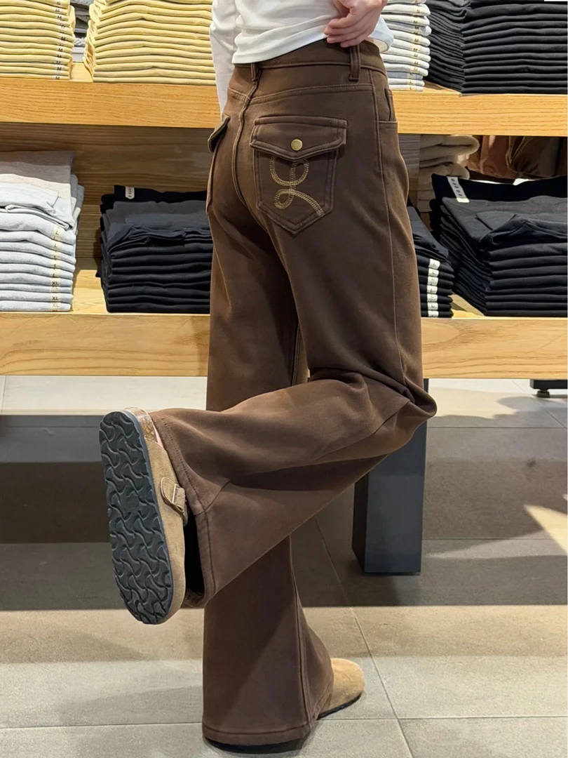 咖色裤子微喇牛仔裤女款冬季加绒加厚阔腿裤胖mm美拉德棕色喇叭裤