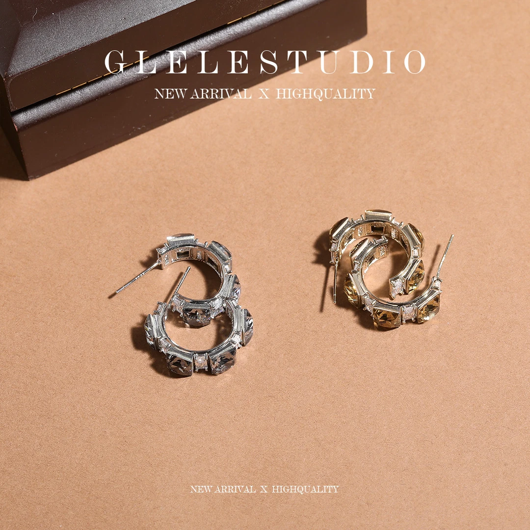 非金属耳饰 Glele私服「星海锆石耳环」S925银针闪锆C字耳环
