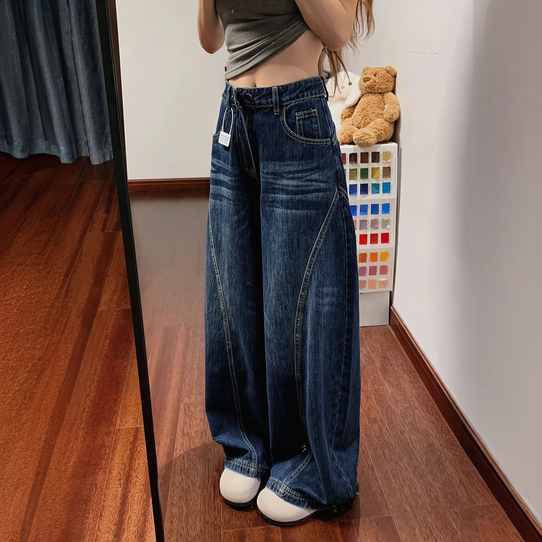 春秋季美式复古阔腿弯刀牛仔裤女高腰时尚显瘦百搭休闲宽松弯刀裤