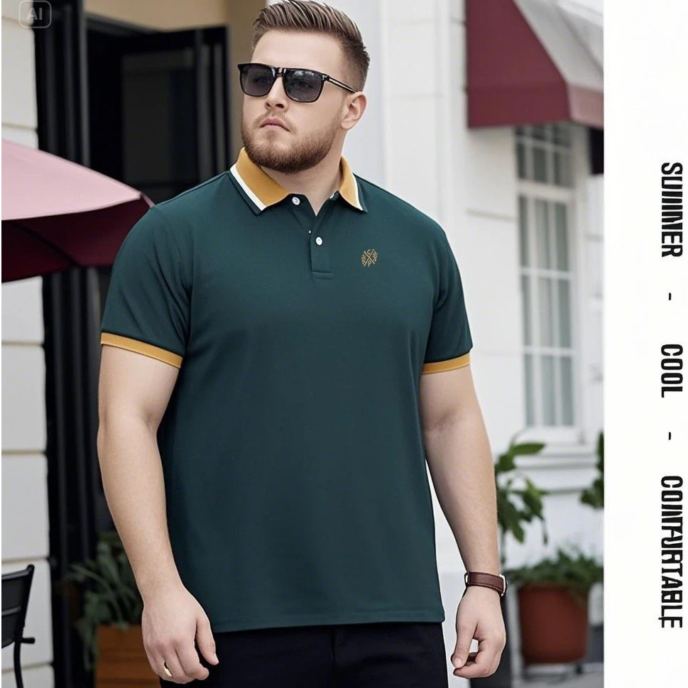 夏季大码男装肥佬短袖POLO衫拼色男士运动马球衫柔软棉休闲亲肤