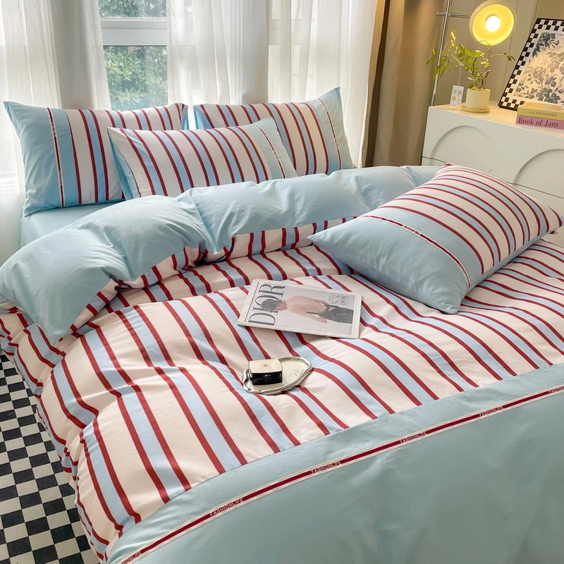 A类全棉纯棉条格系列四件套简约床单款床笠款棉被套棉被罩家纺