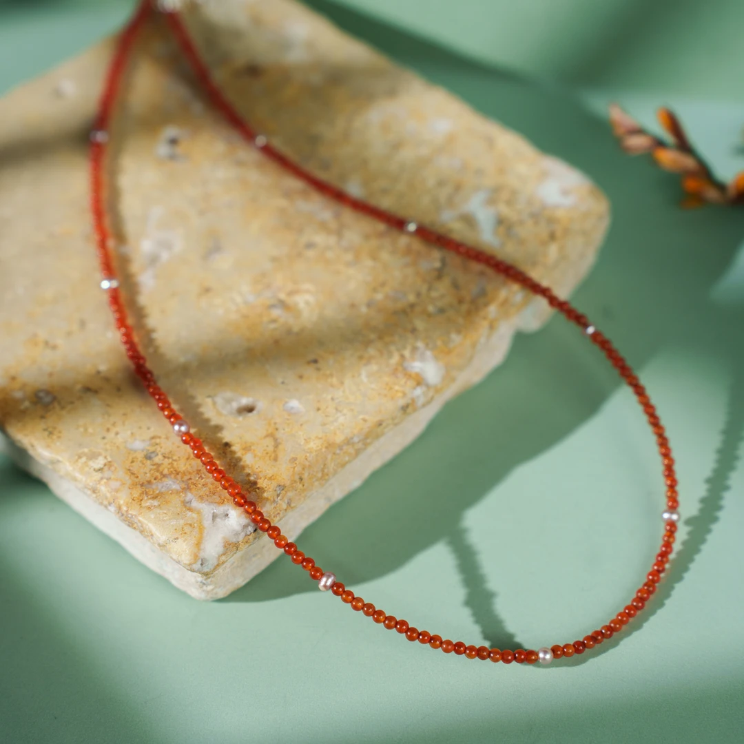 吊坠925银 【红珠】幻渺原创设计 |新年红色简约显白锁骨链手工项链