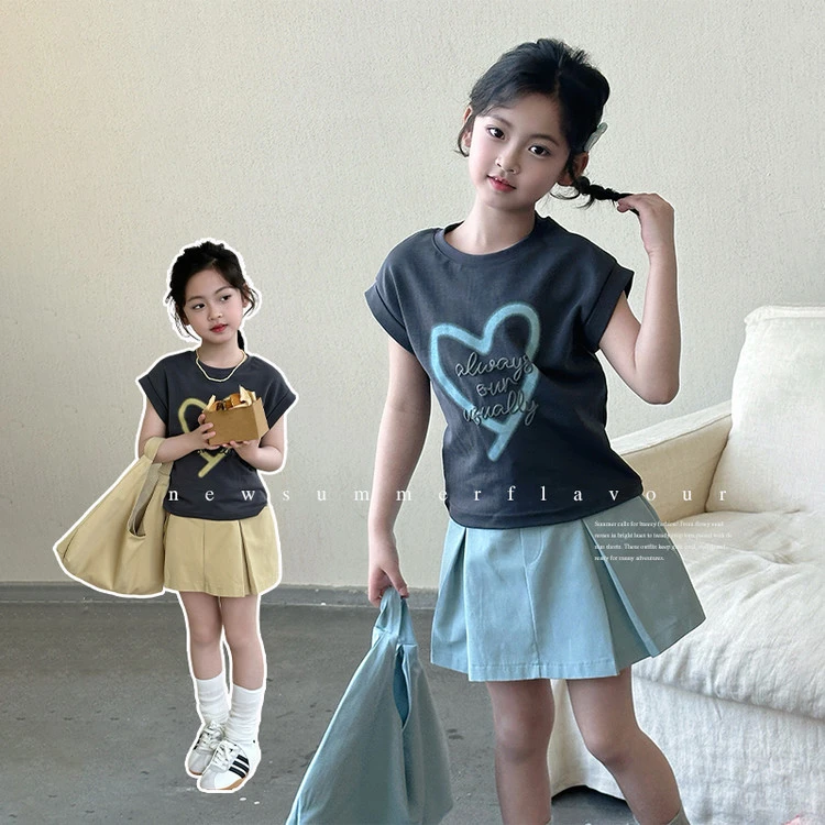 女童短袖套装裙2025夏季新款休闲洋气百搭爱心T恤百褶裙5120