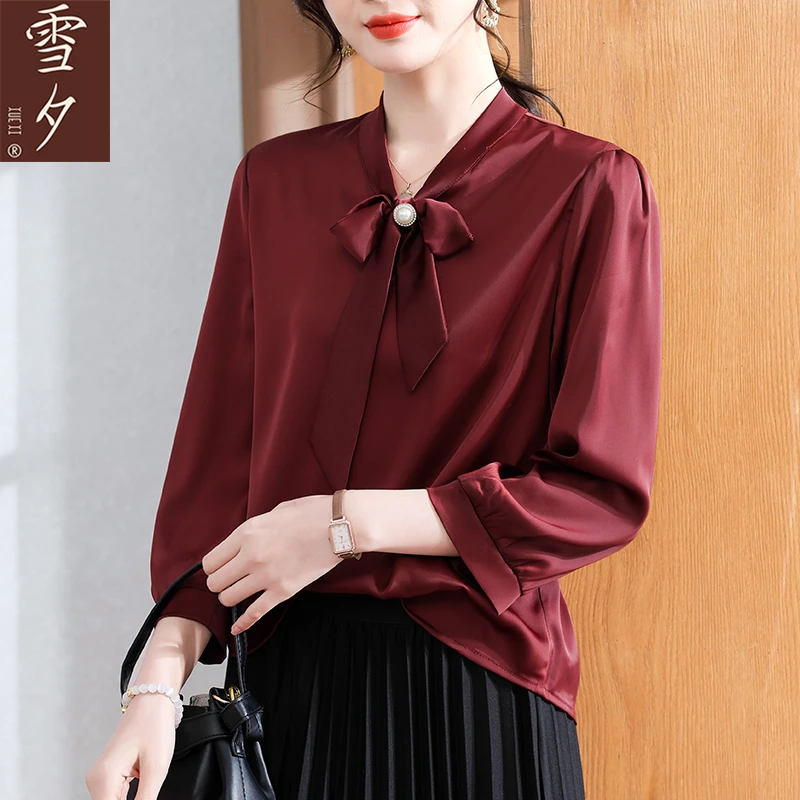 妈妈秋装洋气高贵雪纺T恤中老年女装红色本命年领结上衣2025新款