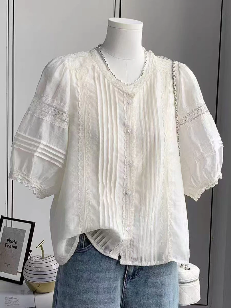 ～欧货时尚设计感蕾丝花边掐褶女人衫女装宽松减龄显瘦百搭衬衫