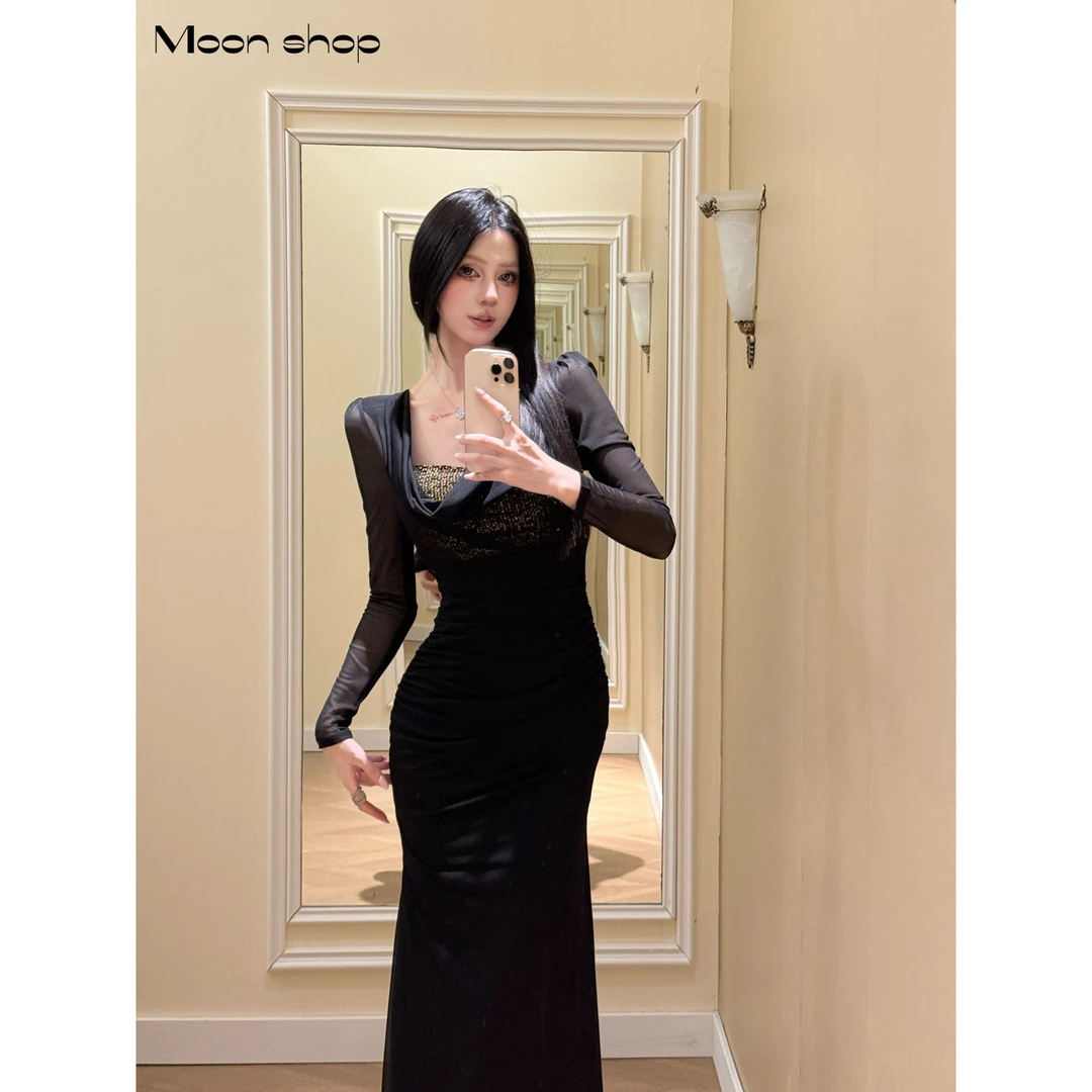 Moon 名媛御姐风黑色性感荡领修身包臀鱼尾长裙气质感连衣裙-M099