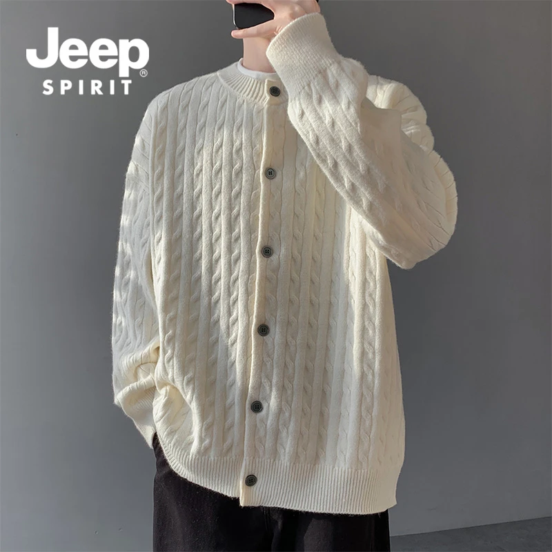 JEEPSPIRIT吉普老钱风复古假两件开衫毛衣男秋新款情侣针织衫外套