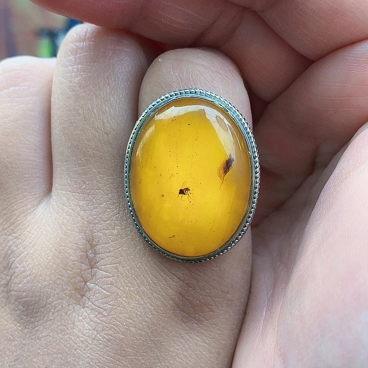 琥珀裸石银S925镶嵌戒指