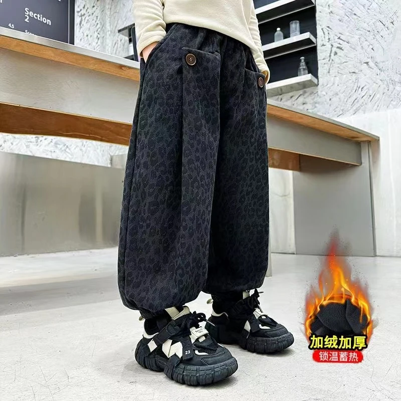 男童加绒哈伦裤冬季新款儿童豹纹加厚锁温灯笼裤女童休闲束脚裤潮