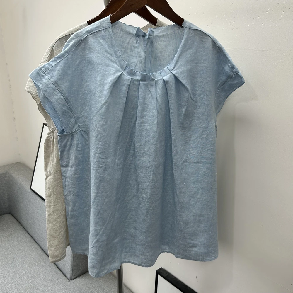 色织亚麻【衣长68】短袖衬衫圆领女无袖宽松休闲衬衣夏季新款小衫